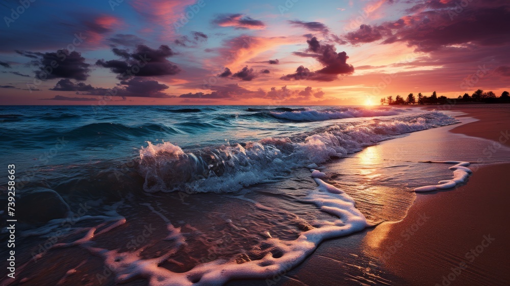 Serene beach scene during sunset, the sun dipping into the ocean, sky painted in hues of purple and gold, tranquil and picturesque, Photography, high - obrazy, fototapety, plakaty 