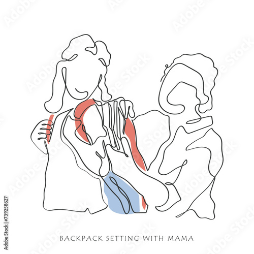 Hand drawn line art vector of mother helping her cheerful daughter carrying books in her school bag