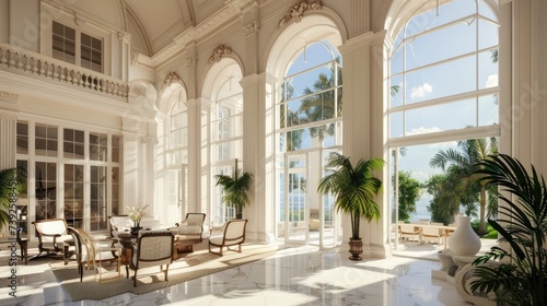 Specify the high ceilings and expansive windows that flood the mansion with natural light and sea breezes.