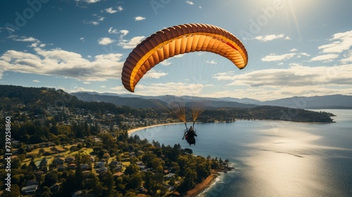 Paraglider soaring over a coastal cliff, expansive view of the ocean and beach below, showcasing the blend of nature and the exhilaration of flight, P