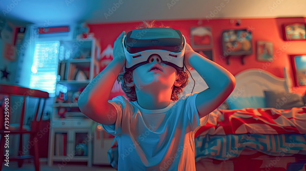 Boy in virtual reality glasses playing the game.Generative AI Boy in virtual reality glasses playing the game.Generative AI