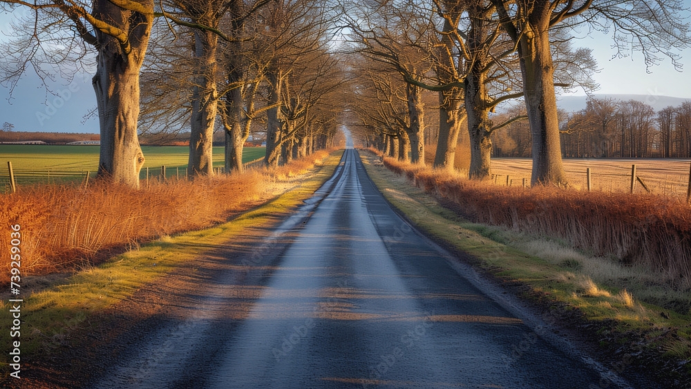 Fototapeta premium Tranquil Summer Drive: Country Road Through Dried Trees