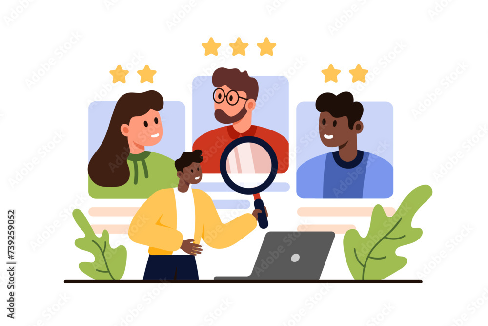 Employment problem, discrimination and prejudice against nationality or gender. Tiny recruiter with magnifying glass rating CV of diverse candidates group with stars cartoon vector illustration