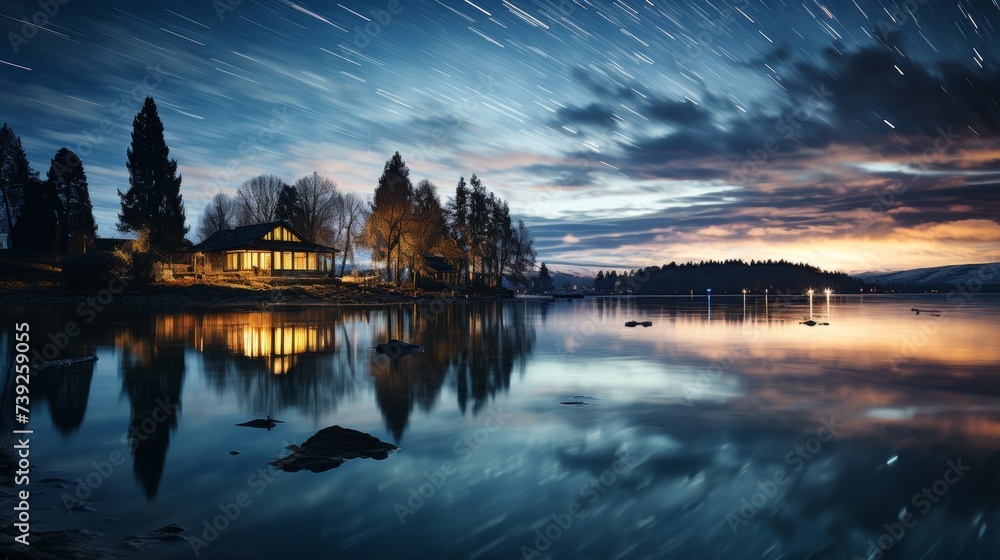 Obraz premium Long exposure of a rotating star trail above a serene lake, reflections on the water, symbolizing the passage of time and celestial movements, Photore