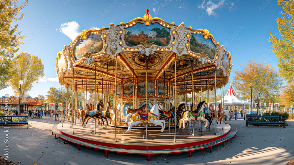 a swinging carousel fair ride in amusement park at sunset.Generative Ai