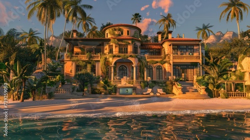 Specify the color scheme of the exterior and interior of the mansion, reflecting the tranquil beachside setting.