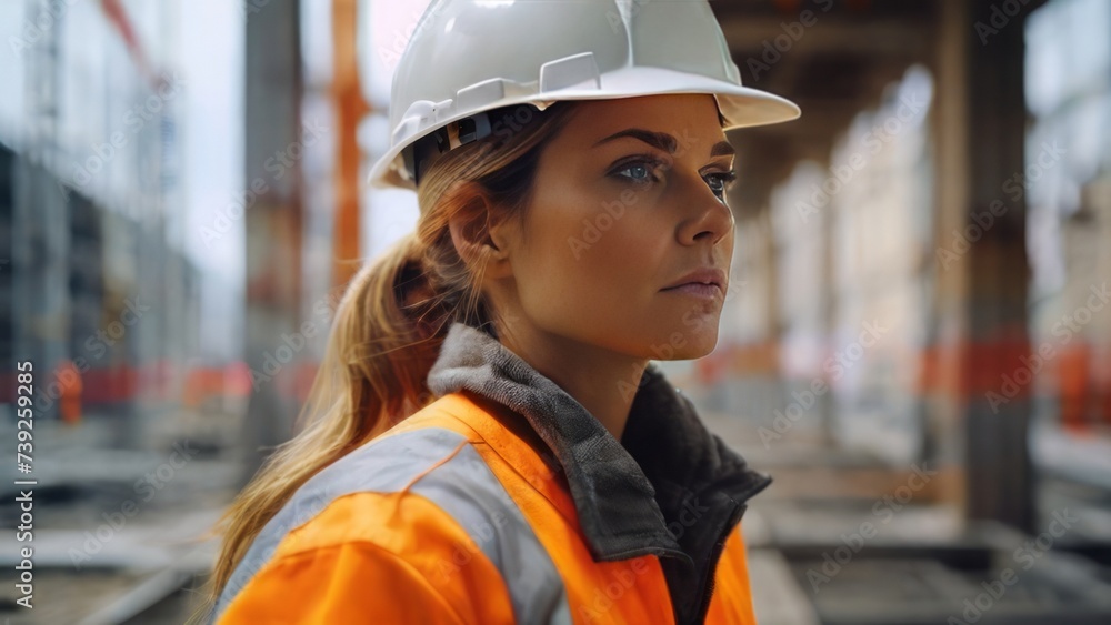 Female construction worker at construction site. Female Supervisor looking at building site. Female Contractor. Female construction worker at construction site. Female Supervisor looking at building site. Female Contractor.
