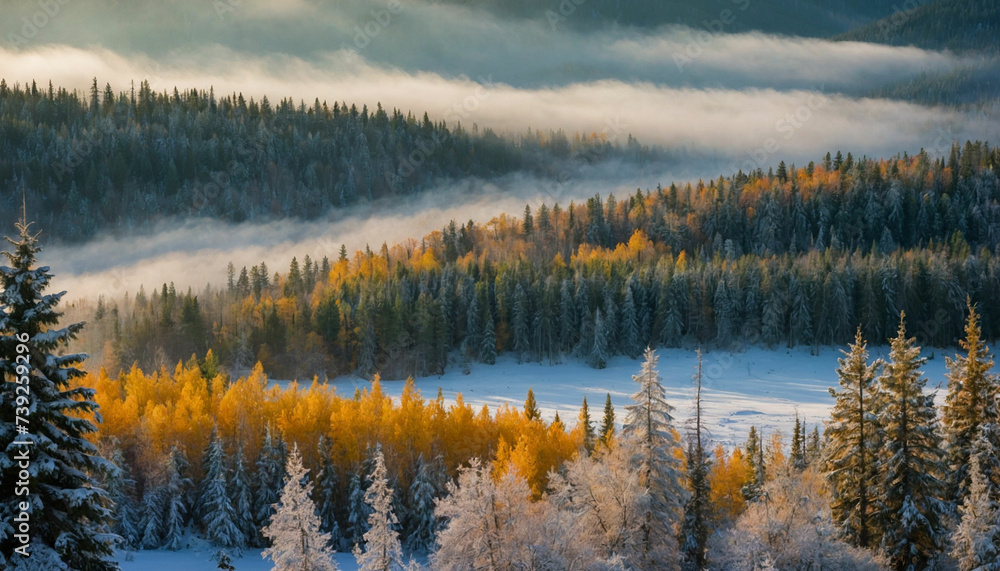 Obraz premium Spruce landscape across the seasons and the vibrant palette of autumn foliage as it contrasts with the deep green of the evergreens, or the pristine beauty of a winter scene blanketed in snow 