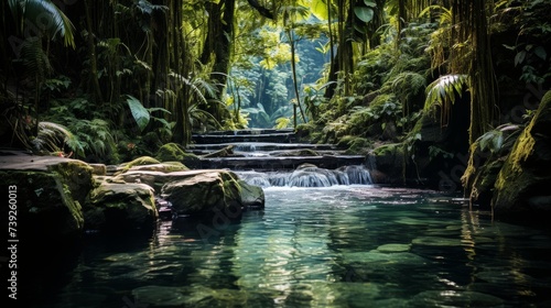 Waterfall cascading through a tropical forest  surrounded by diverse vegetation  a hidden paradise  Photography  slow shutter speed to blur the water