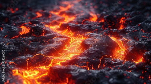 A close-up image of glowing lava flows cascading down the slopes of a volcano, creating rivers of