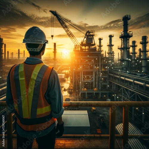 Industrial Worker at Sunset in a Petrochemical Plant