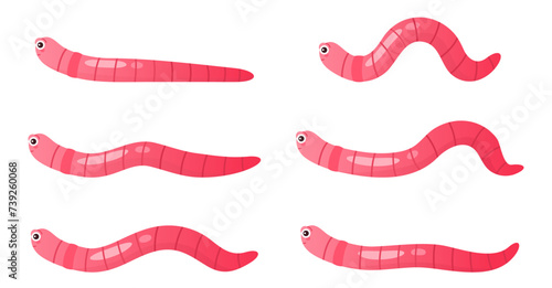 Earthworms crawl set, sequence game animation. Animated stages of walking funny pink worm character with cute comic face, action movement in soil of baby earthworm cartoon vector illustration photo