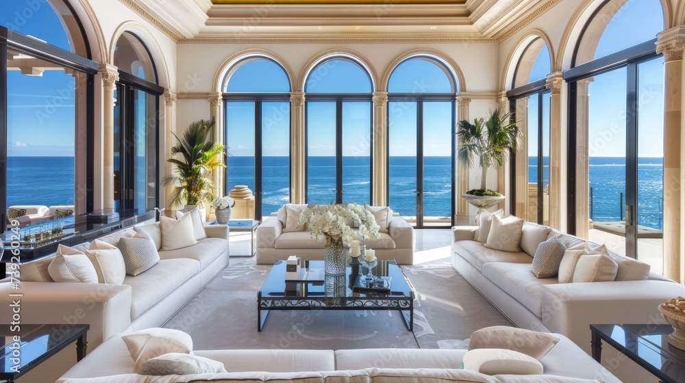 Detail the breathtaking ocean views that can be seen from various rooms and vantage points within the mansion.