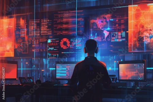 A digital illustration of a cybersecurity expert monitoring data on multiple screens in a high-tech command center, emphasizing the intensity of modern digital surveillance
