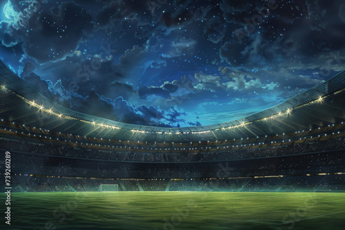 An enchanting digital artwork of a football match under a starlit sky, with the stadium lights casting an ethereal glow on the players and the field.