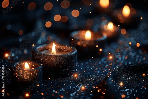Burning candles on a dark background with bokeh effect. Black glitter background for national day of mourning