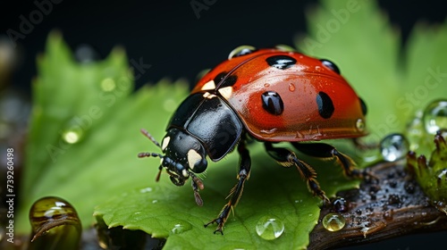 Macro shot of a ladybug on a green leaf, vivid red against the lush green, capturing the delicate balance of nature, Photography, high-resolution macr