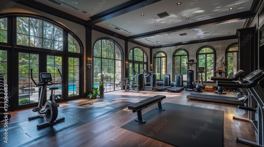 Design a home gym or fitness center equipped with the latest exercise equipment and personal training services.
