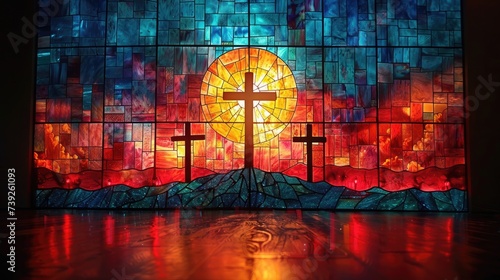 A stained glass window depicting three crosses on a hill with no people present. photo