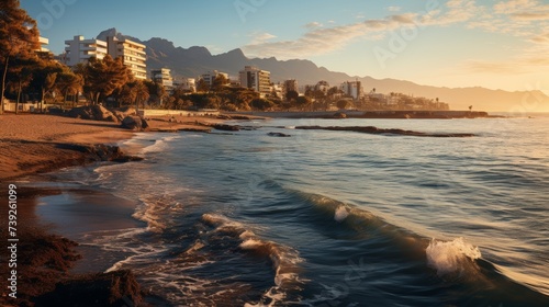Sunrise over a coastal city, golden light bathing the buildings and sea, peaceful beginning of a day in an urban setting, Photorealistic, coastal city