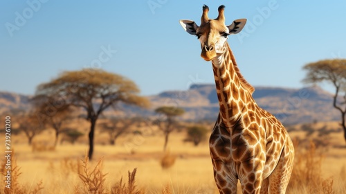 Giraffe grazing on tall trees, vast open plains in the background, clear blue sky, showcasing the unique and graceful wildlife of the savannah, Photor photo