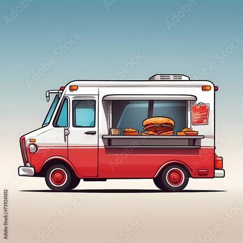 Food trucks cartoon cars and vans for street food selling. Cafe restaurant on wheels, transportation with fastfood chalkboard menu, pizza, ice cream, pop corn and coffee or juice trucks photo