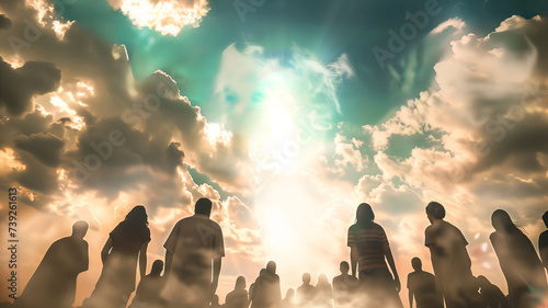Crowd of people looking to the sky waiting for their Master Jesus Christ Generative AI Illustration photo