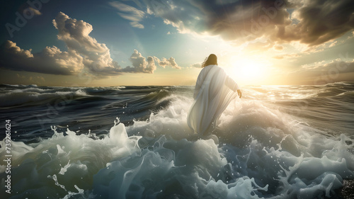 Jesus Christ our Savior walking on turbulent waters in rescue of humanity Generative AI Illustration