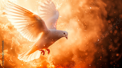 Holy Spirit dove flying with open wings with blurred background and sunlight ray effects Generative AI Illustration photo