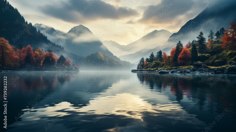 Serene lake reflecting the surrounding mountains and sky at dawn, mist hovering over the water, capturing the peacefulness and symmetry of natural lan - obrazy, fototapety, plakaty 