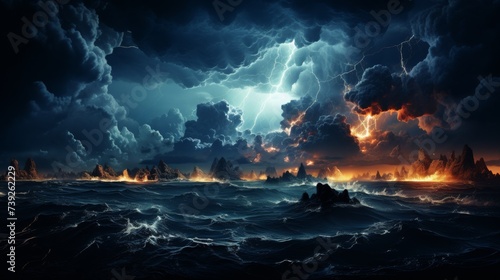Thunderstorm over the ocean, dramatic lightning strikes, dark clouds and turbulent sea, capturing the raw power of storms, Photorealistic, storm photo photo
