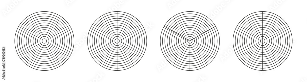 Wheel of life template set. Coaching tool for visualizing all areas of life. Circle diagram of life style balance. Polar grid with segments, concentric circles. Blank of polar graph paper. Vector icon