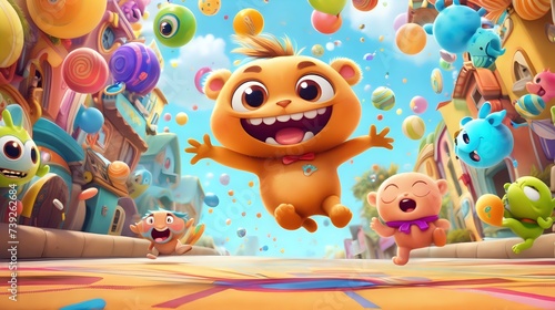A cute animated creature bouncing with glee in a colorful and lively environment. photo
