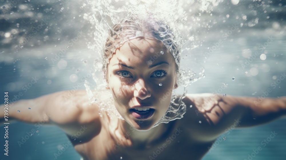 Close-up of a professional female swimmer training, preparing for competitions, swimming underwater in a pool. Sports, active weekends, Healthy lifestyle, Championship, Hobbies and leisure concepts. Close-up of a professional female swimmer training, preparing for competitions, swimming underwater in a pool. Sports, active weekends, Healthy lifestyle, Championship, Hobbies and leisure concepts.