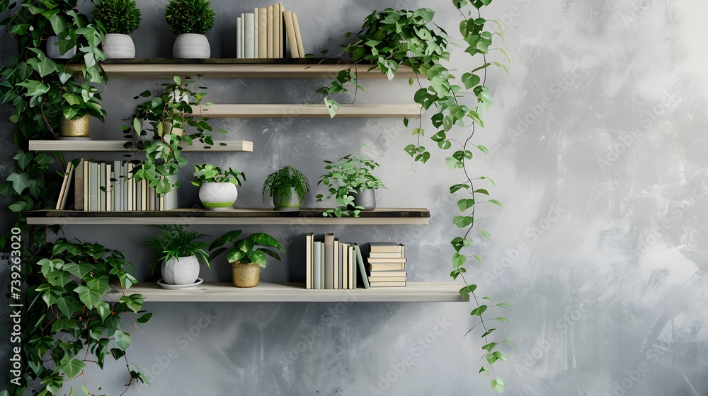 A contemporary-style bookshelf adorned with plants that serves as a modern decorative element for virtual office backdrops - obrazy, fototapety, plakaty 