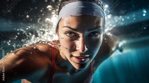 Close-up of a beautiful professional female swimmer training, preparing for competitions, swimming in the pool. Sports, Healthy lifestyle, Championship, Hobby and Leisure concepts.