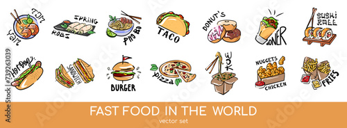 Vector set of American, European and Asian fast food