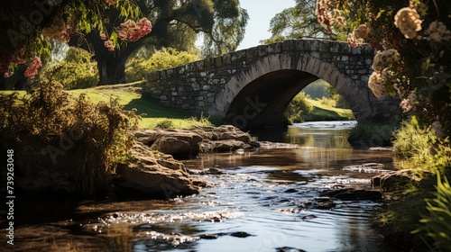 Old stone bridge over a tranquil creek in a village, blooming flowers and weeping willows, symbolizing the timeless beauty and charm of rural settings