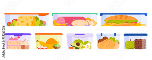 Plastic food containers set. Transparent rectangular boxes with lid, fresh and cooked leftovers after dinner, whole and cut fruits and vegetables for picnics, sandwiches cartoon vector illustration