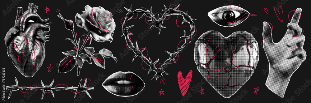 Trendy halftone collage. Gothic dark elements with red doodles. Human ...