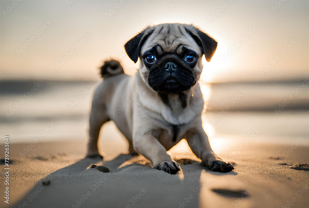 Cachorrinho da raça Pug brincando na praia.