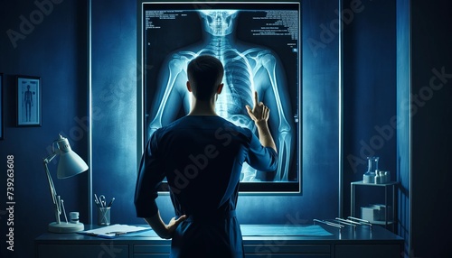 Doctor Analyzing Spinal X-ray in High-tech Medical Room