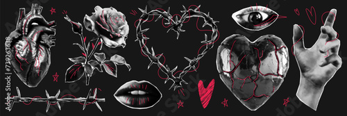 Trendy halftone collage.  Gothic dark elements with red doodles. Human heart, rose, barbed wire and other. photo