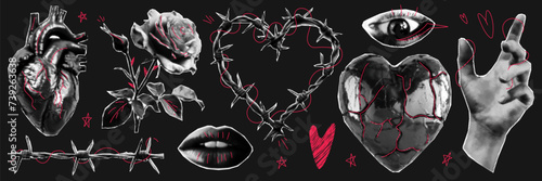 Trendy halftone collage.  Gothic dark elements with red doodles. Human heart, rose, barbed wire and other.
