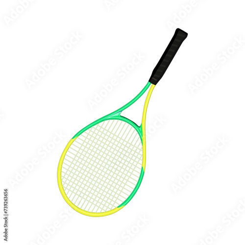 Tennis racket with green and yellow frame in realistic flat 3d vector illustration. Trendy style editable graphic resources for many purposes.