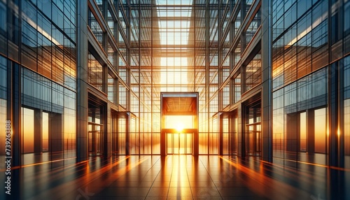 a modern office building at sunset