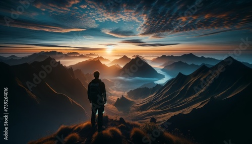 Lone Explorer Overlooking Mountainous Sunrise