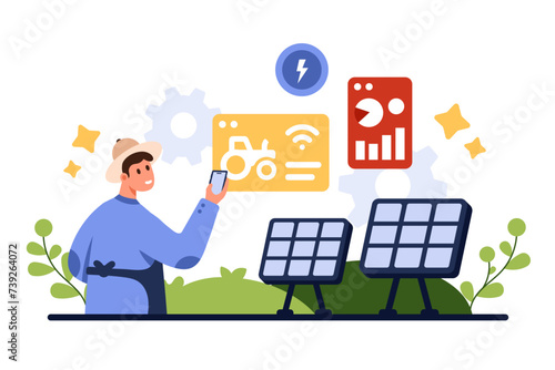 Automation of agriculture and future smart farm technology. Tiny man farmer holding phone with mobile app to control tractor, solar panels and agricultural equipment cartoon vector illustration