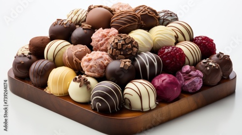 An assortment of gourmet chocolates, truffles, and pralines, artfully arranged against a white isolated background, showcasing their rich colors and tempting te