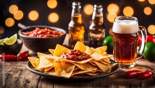 Mexican nachos chips with ketchup and beer
